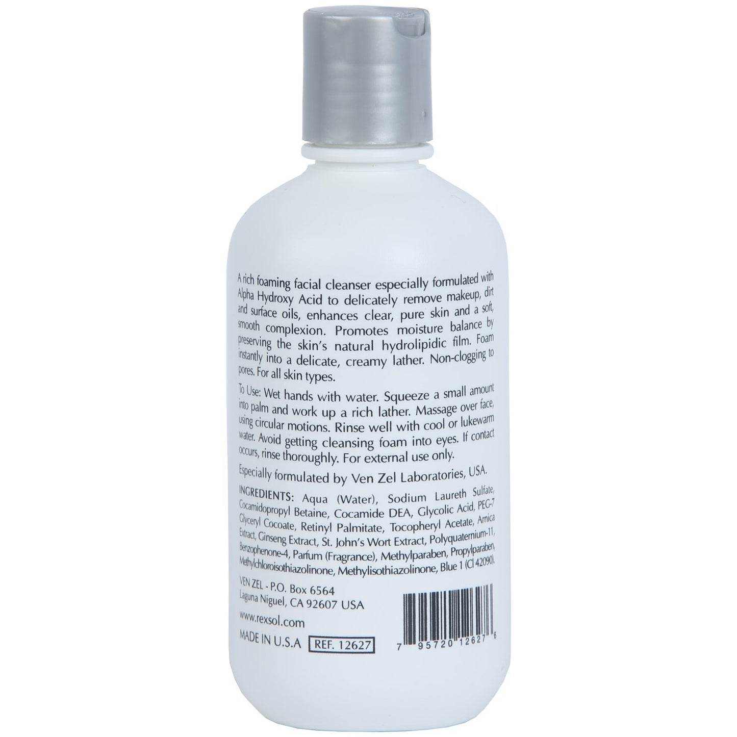 REXSOL AHA Wash Facial Cleanser Foaming Gel | With Vitamin E, Arnica extract, Ginsing Extract, St. John's Wort extract | Promotes freshness and comfort | Leaves skin clean & soft. (240 ml / 8.1 fl oz)