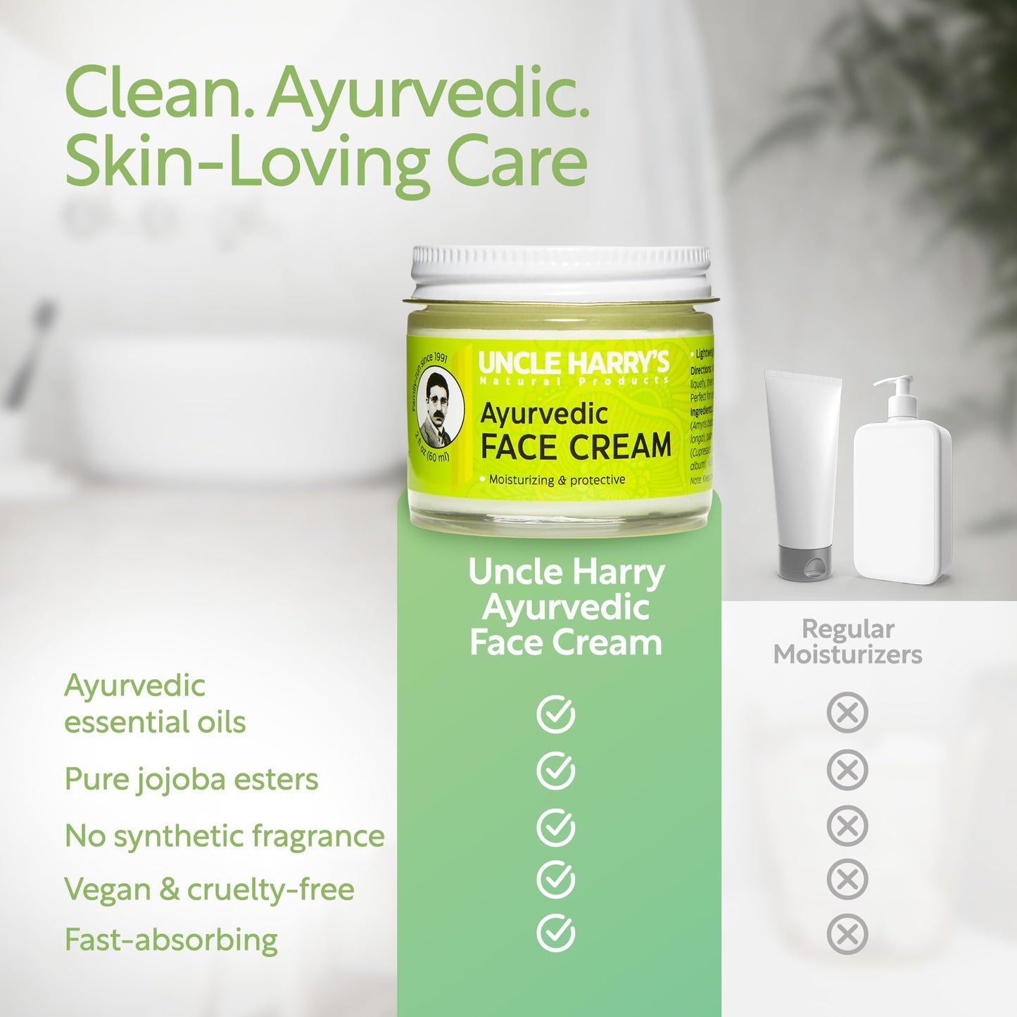 Uncle Harry's Natural Products Ayurvedic Face Cream with Jojoba Esters and Pure Essential Oils of Turmeric, Sandalwood, Palmarosa, and Cypress – For Day and Night Use, Vegan, 2 Fluid Ounce Glass Jar