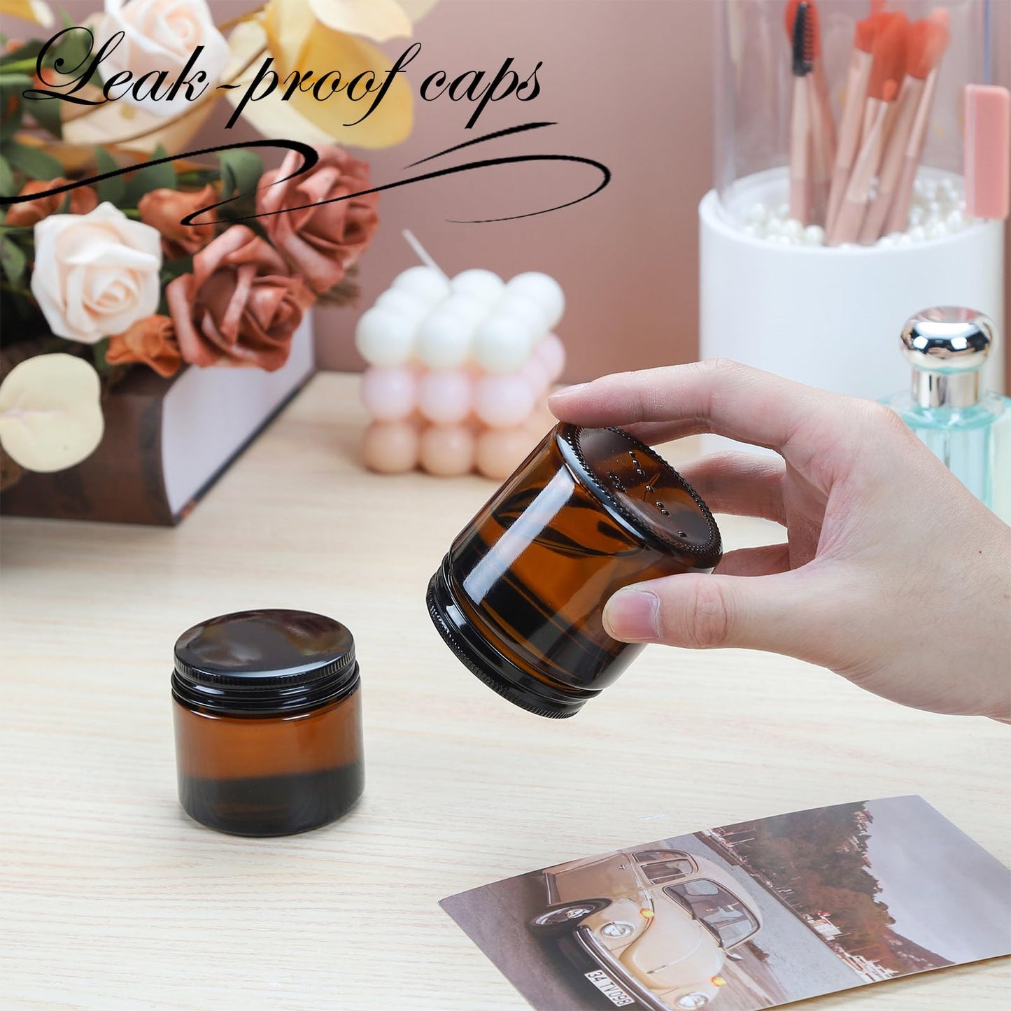 RAMFIYN 2oz Empty Amber Glass Jars with Lids 24 Pack Cosmetic Containers with Lids for Travel Lotion Cream Candle