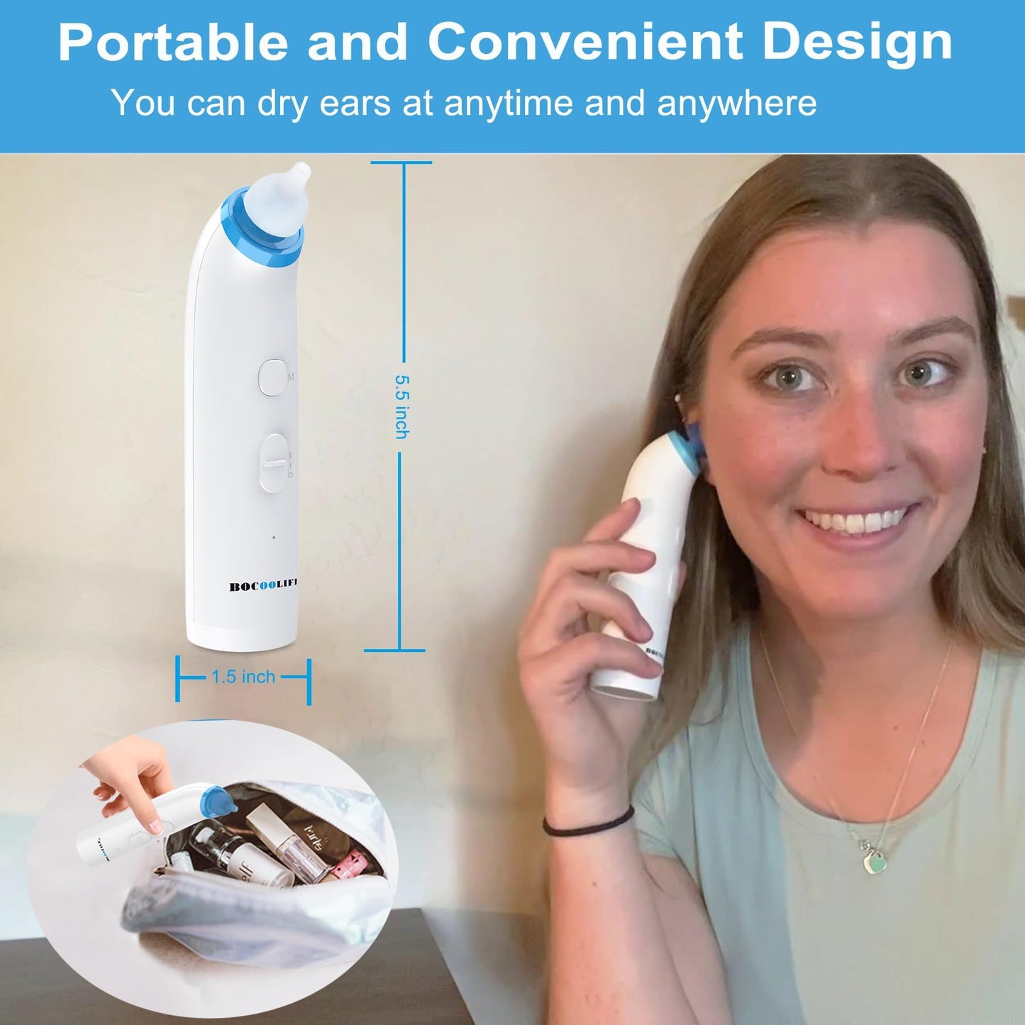 BOCOOLIFE Ear Dryer Ear Moisture Water Removal with 7 Ear Tips, Ear Drying Device, Electronic Warm Air Ear Water Remover for Swimmers, Showering, Water Sports, Surfing, Scuba Ear Dryer Machine