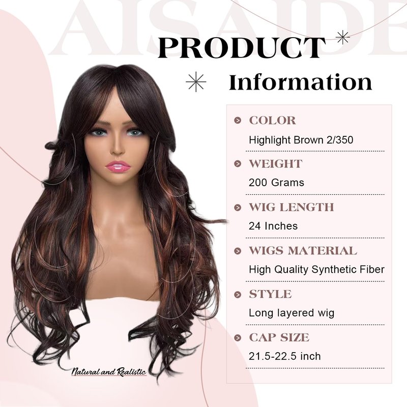 Aisaide Long Wavy Highlight Brown Layered Wig with Curtain Bangs for Black Women Synthetic Ombre Brown Layered Wig Long Wavy Highlight Blonde Shaggy for Women 24 inch