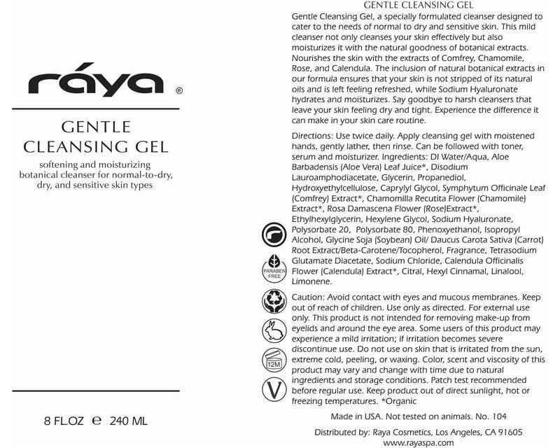 Raya Gentle Facial Cleansing Gel 8 oz (104) | Softening and Moisturizing Botanical Cleanser for Dry and Sensitive Skin| Helps Hydrate Smooth Complexion
