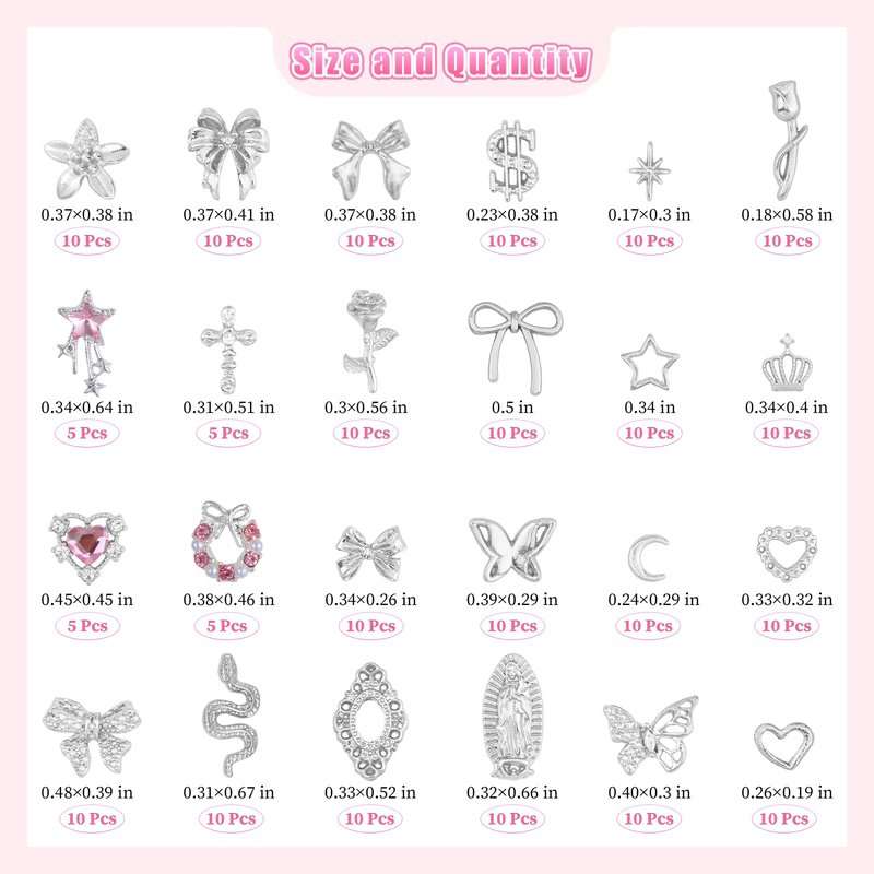 220Pcs Silver Nail Charms, 24 Styles 3D Cross Nail Charms Pink Heart Nail Rhinestones Bow Butterfly Star Crown and Virgin Mary Y2K Shiny Jewelry with Tweezer for Nail Art Supplies