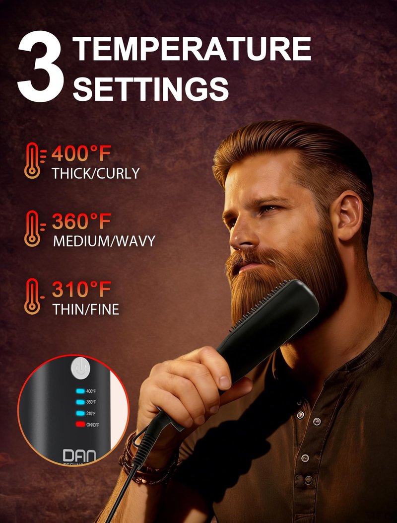 Beard Straightener for Men, Tourmaline Ceramic Heated Beard Brush with Anti-Scald Design, 3 Heat Settings for Medium to Long Beards, Beard Grooming Kit,Father's Gift
