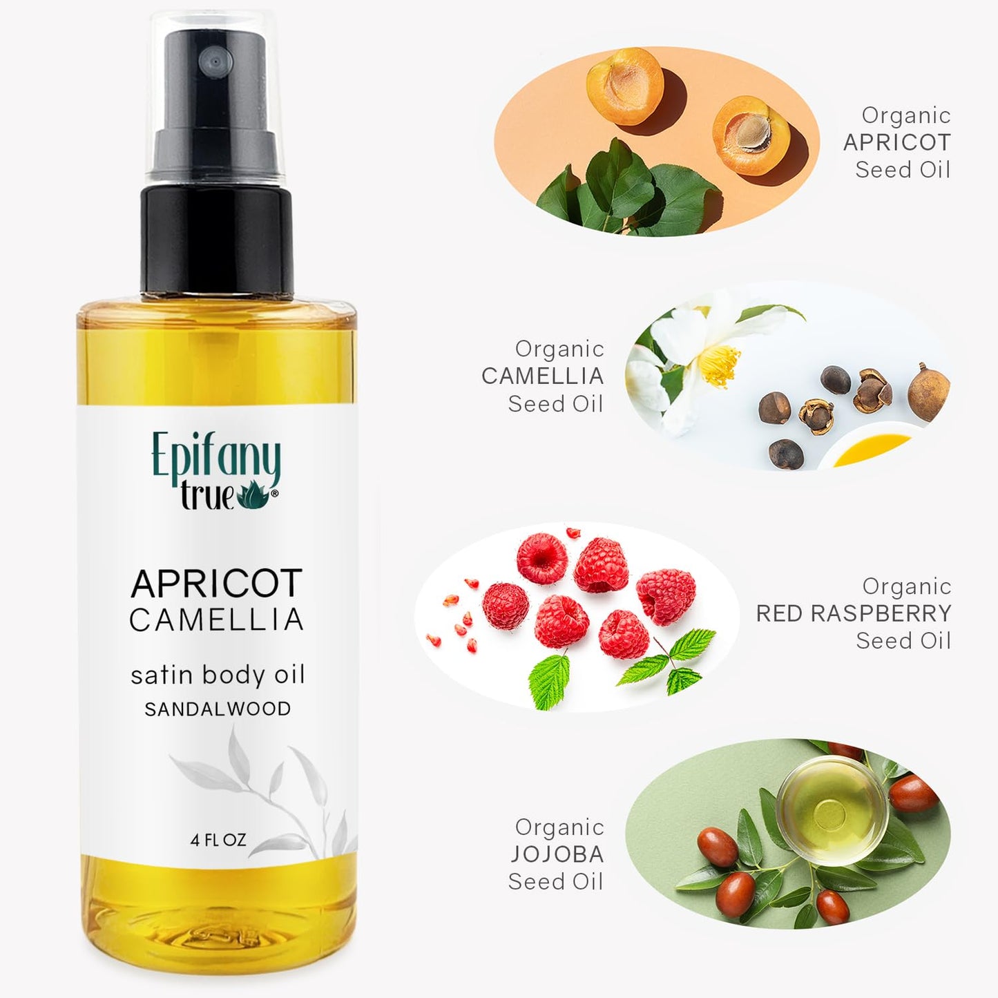 Epifany True Apricot & Camellia Body Oil 4oz Wellness Self-Care Gift Set, 4 Pieces, Natural, Scented Coconut Soy Candle 4oz, Calendula Lip Balm 0.15 oz, Just Breathe Essential Oil Roll-On 0.33oz