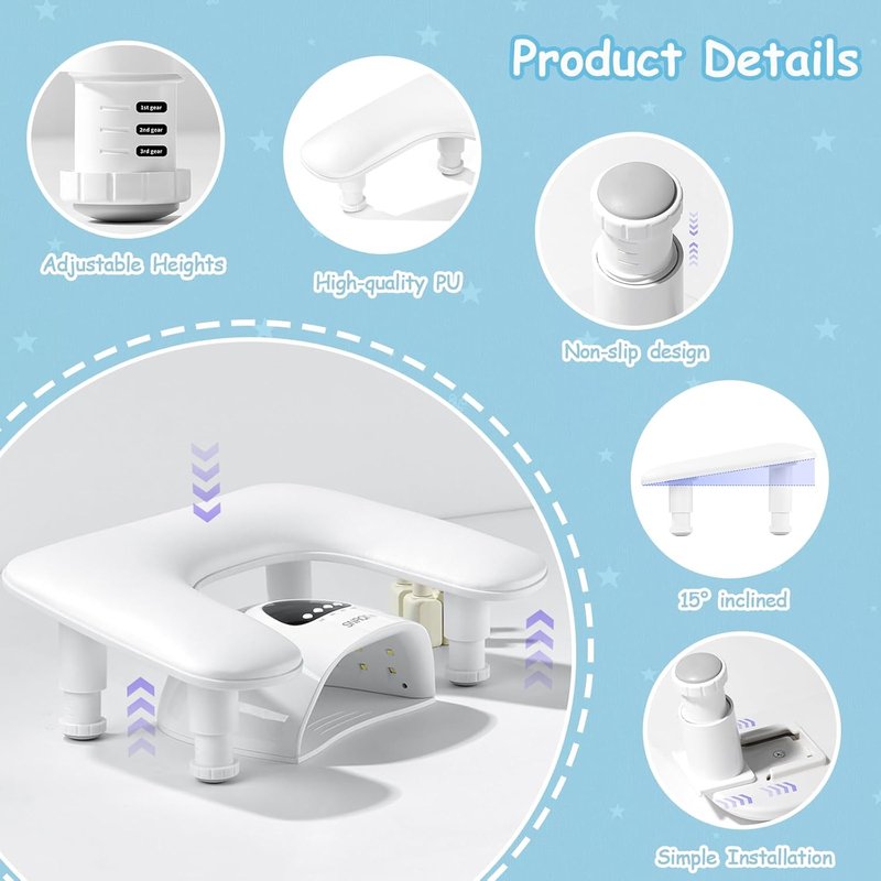 U-Shaped Adjustable Nail Armrest - Large Microfiber PU Leather Hand Rest Pillow for Manicurists | White