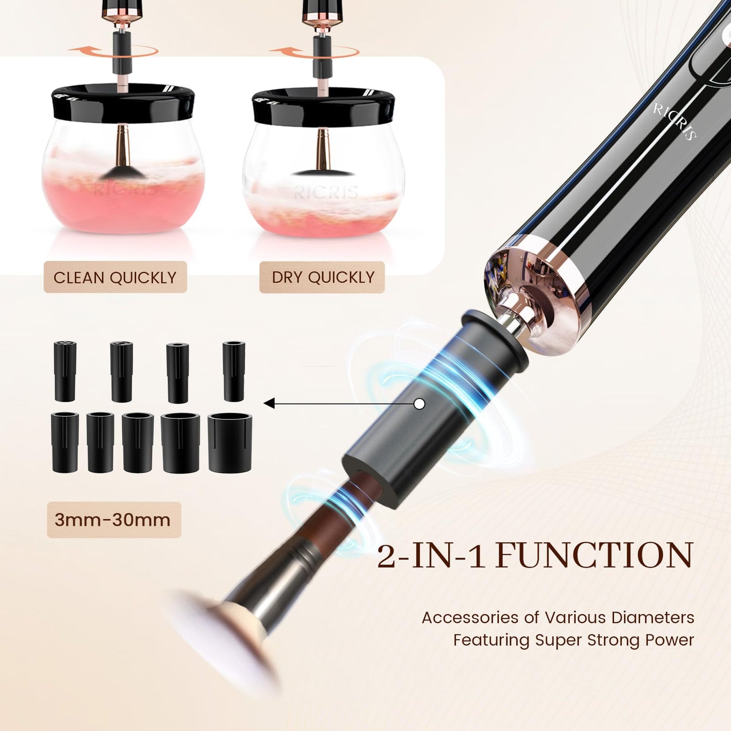 RICRIS Electric Makeup Brush Cleaner and Dryer Machine - Super Fast Clean and Dry Make Up Brushes - Automatic Cosmetic Brush Spinner Washer Tools