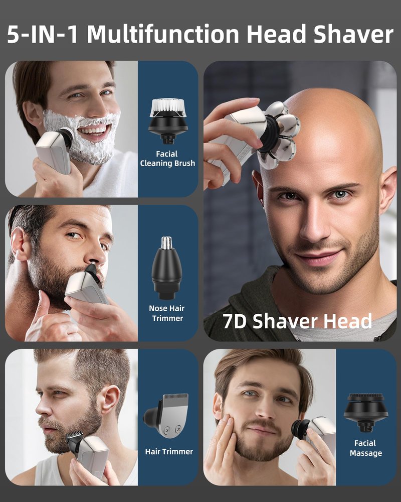 7D Electric Bald Shaver - 5-in-1 Dry/Wet Men's Head Shaver with Led Display & IPX7 Waterproof, Detachable, Rechargeable Razor
