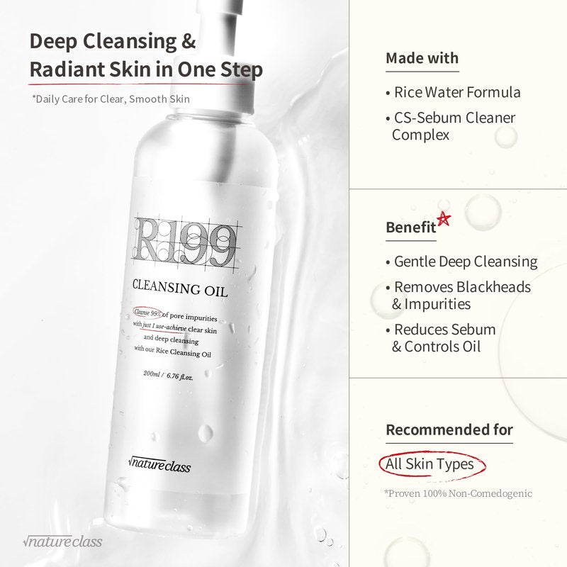 NATURECLASS R199 Rice Cleansing Oil Face Cleanser Korean Skincare Makeup Remover Oil Cleanser for Face Blackhead Remover Pore Control Double Cleansing Sensitive Skin 6.76 fl oz