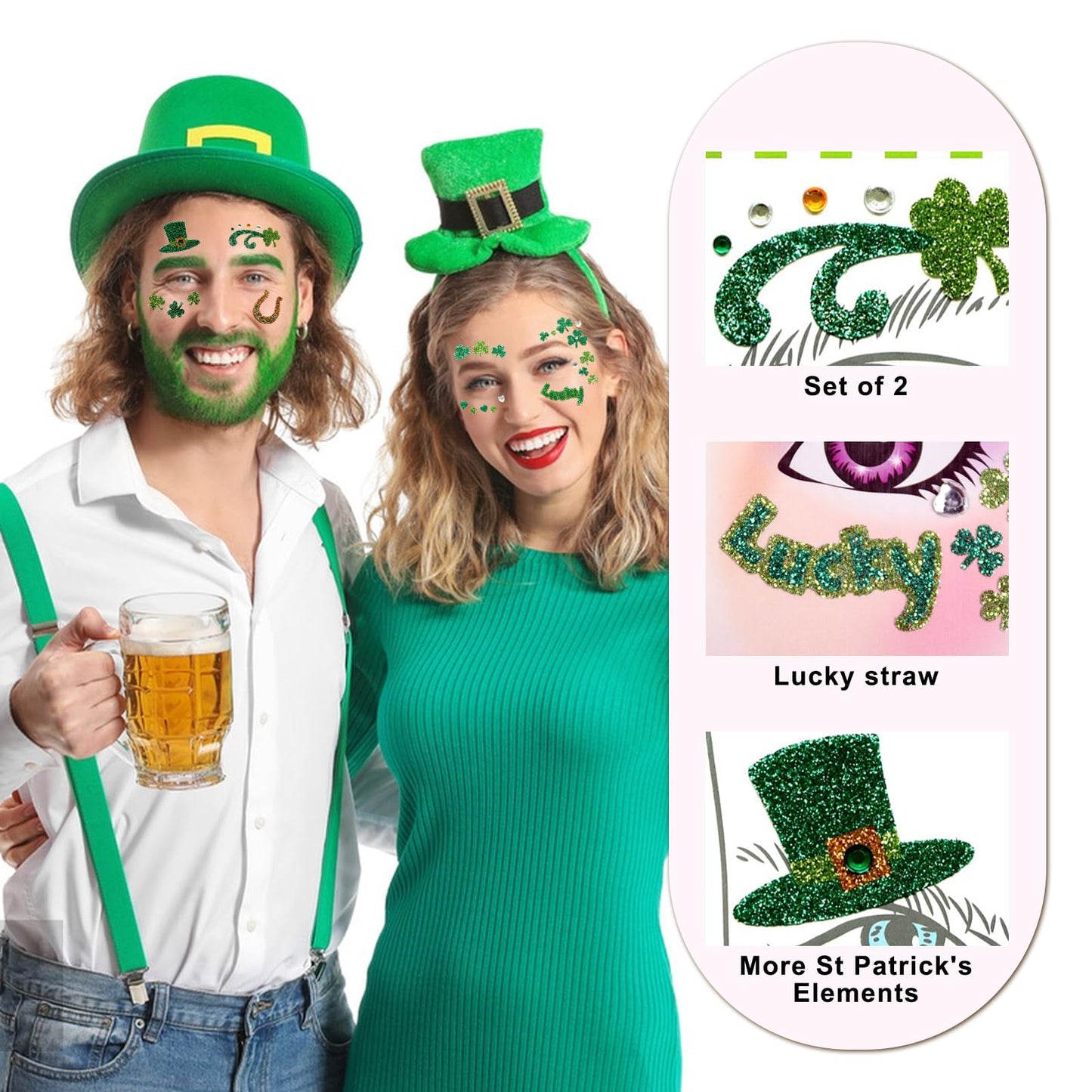 St. Patrick’s Day Face Gems Sticker,Glitter Shamrock Face Sticker for Women,Clover Temporary Stickers,Waterproof Sticker Face Eye Decoration for Adult Child 2Sheets