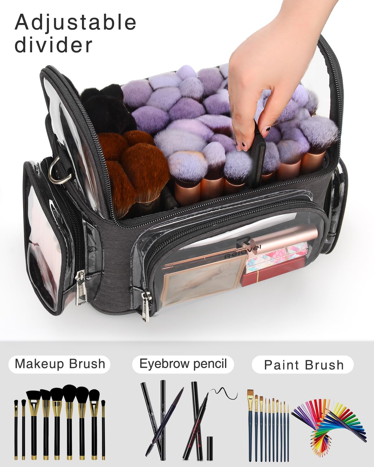 NAONAYA Makeup Brush Bag, Clear Makeup Brush Holder Professional Makeup Artist Travel Case Waterproof Cosmetic Organizer Bag, Full Open Easy to Access, with Adjustable Shoulder Strap and Dividers