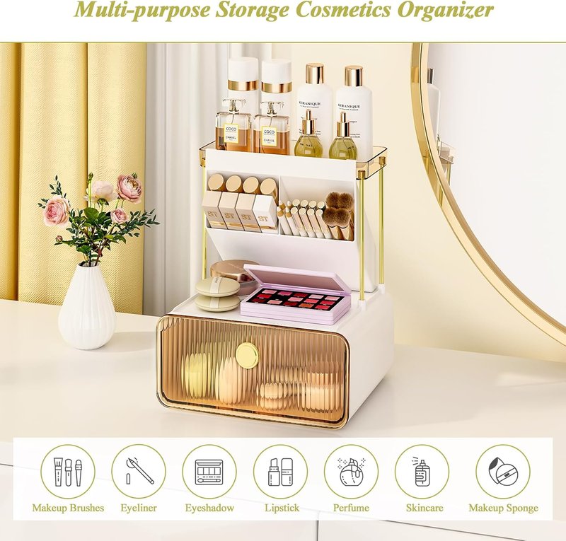 3 Tiers Makeup Organizer - Cosmetic Display with Drawer & Lipstick Holder | Amber Color for Vanity & Bathroom