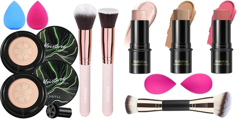 Mushroom Head Air Cushion CC Cream Foundation - 2 PCS Makeup Kit with Contour, Highlighter & Blush Sticks