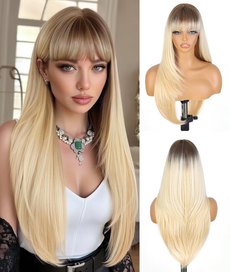 ENTRANCED STYLES Brown Wig With Bangs 26 Inch Long Straight Wigs for Women Dark Brown Layered Hair Synthetic Heat Resistant Hair for Daily Party Use