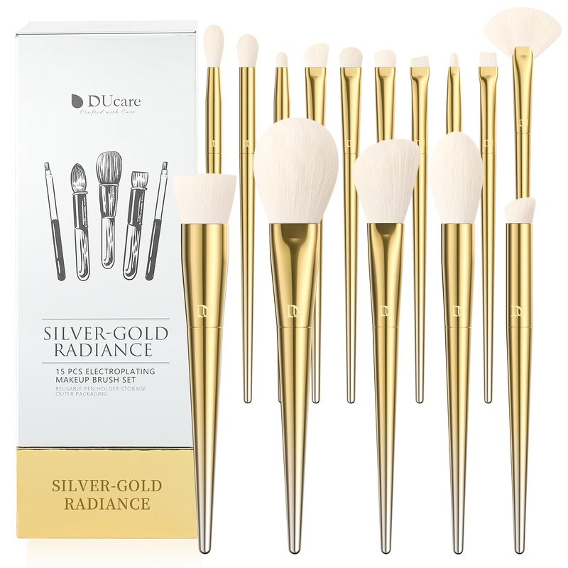 DUcare 15 Piece Professional Makeup Brush Set, Silver-Gold Radiance Synthetic Brushes for Full Face & Eye, Complete Cosmetic Kit with Reusable Storage Holder