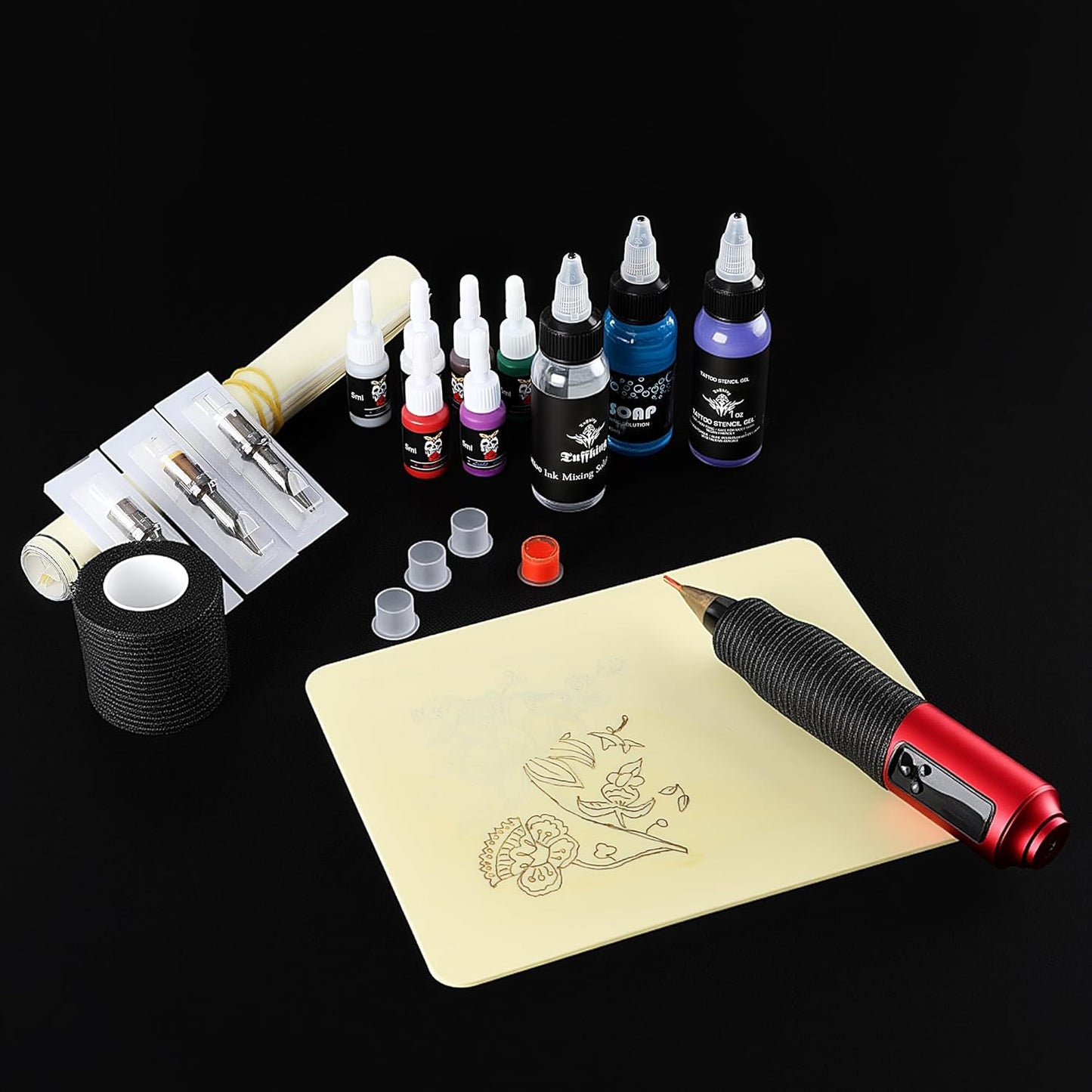 Tattoo Practice Kit - Complete Starter Set with 2 Fake Skins & 5 Stencil Papers for Beginners | 35 Pieces