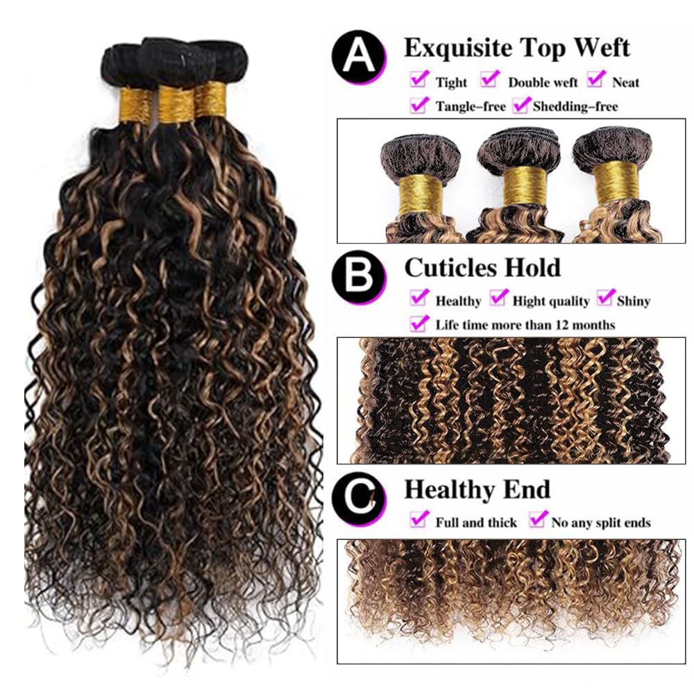 BilltiiWW P1B30 Highlight Kinky Curly Bundles Black Mixed With Light Brown Curly Bundles two tone Brazilian Wavy Weave With Soft and Silky for Women 8 10 12 Inch