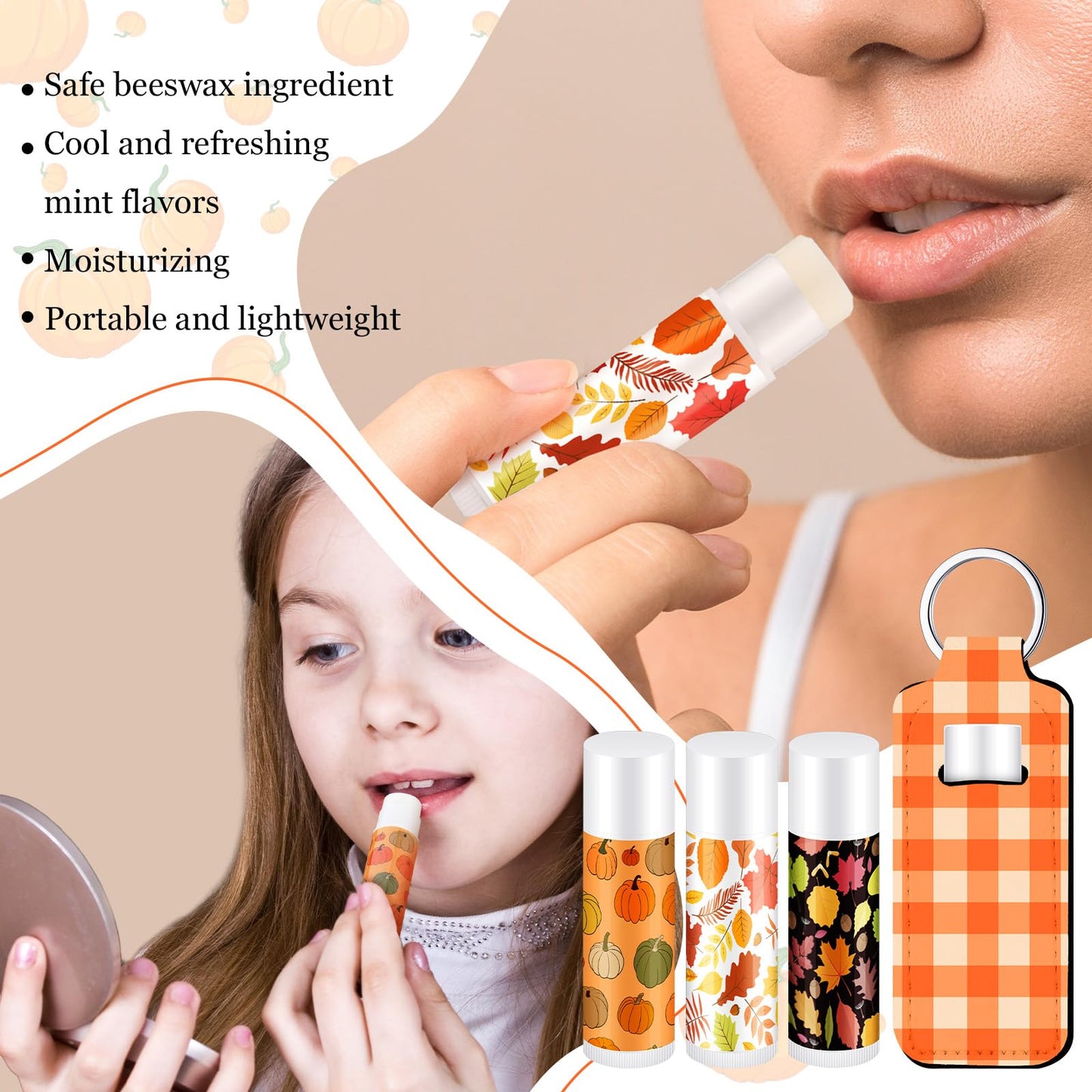 Swiffen 18 Sets Fall Maple Leaf Pumpkin Lip Balm and Holder Keychains Set Pumpkin Party Favors Bulk for Women Employee Basket Christma Stocking Stuffers Goodie Bag