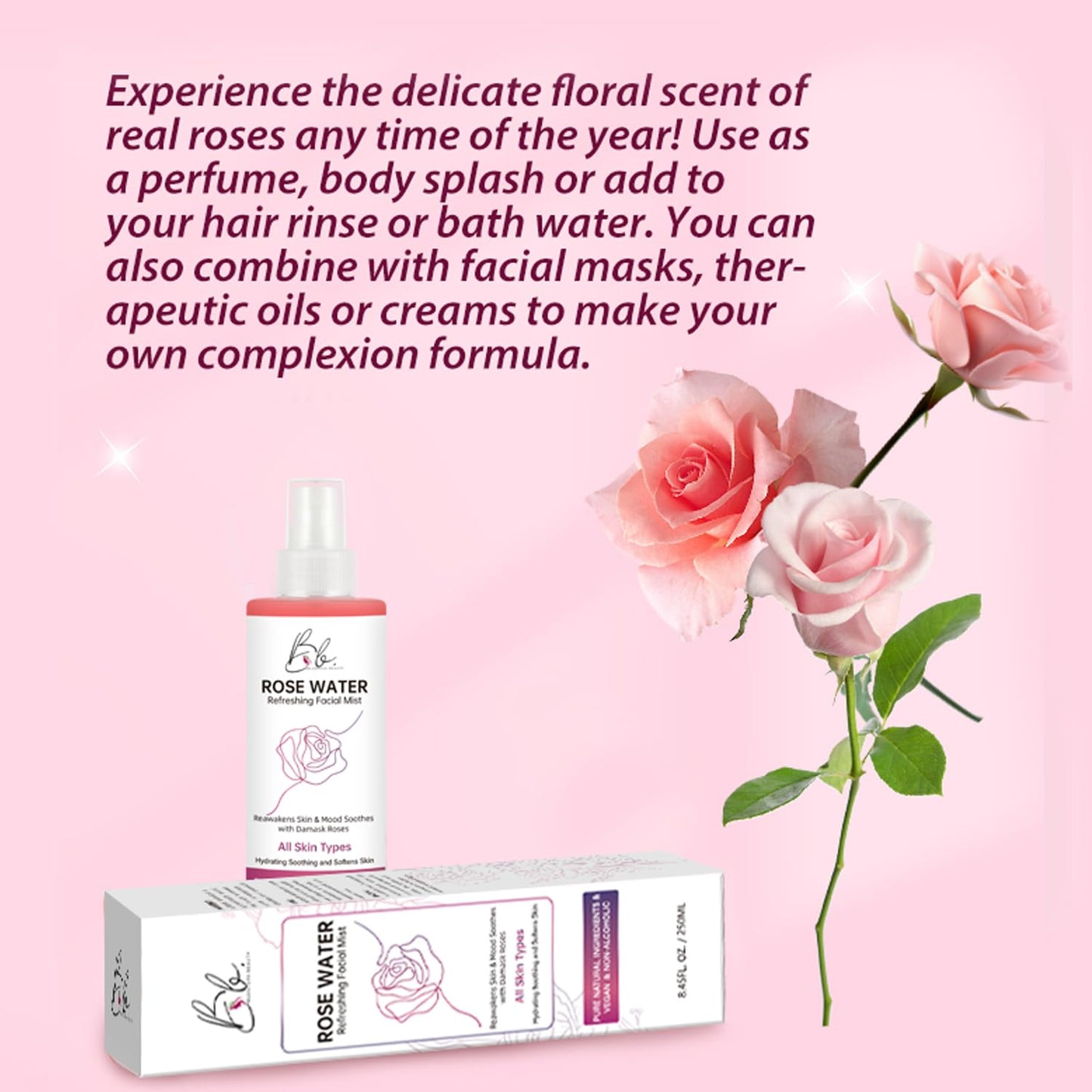 Blusheva Beauty Rosewater Refreshing Facial Mist Hydrating, Soothing & Softening Spray with Damask Roses & Glycerin Pure Natural Ingredients, Vegan, Alcohol-Free, All Skin Types, 8.45 fl oz
