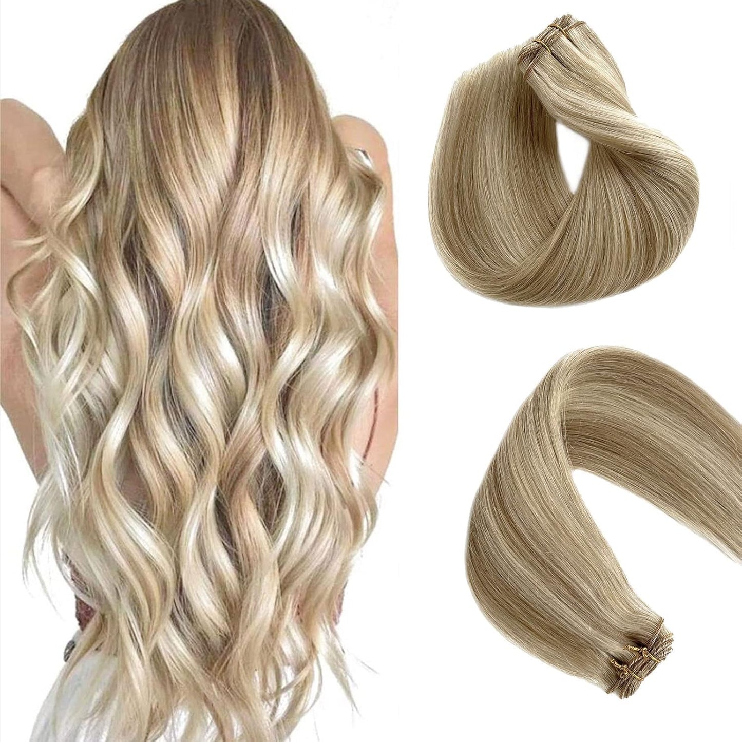 Beige Blonde Hair Weft Sew-In Extensions | 22-Inch Real Human Hair with Platinum Highlights - 120g
