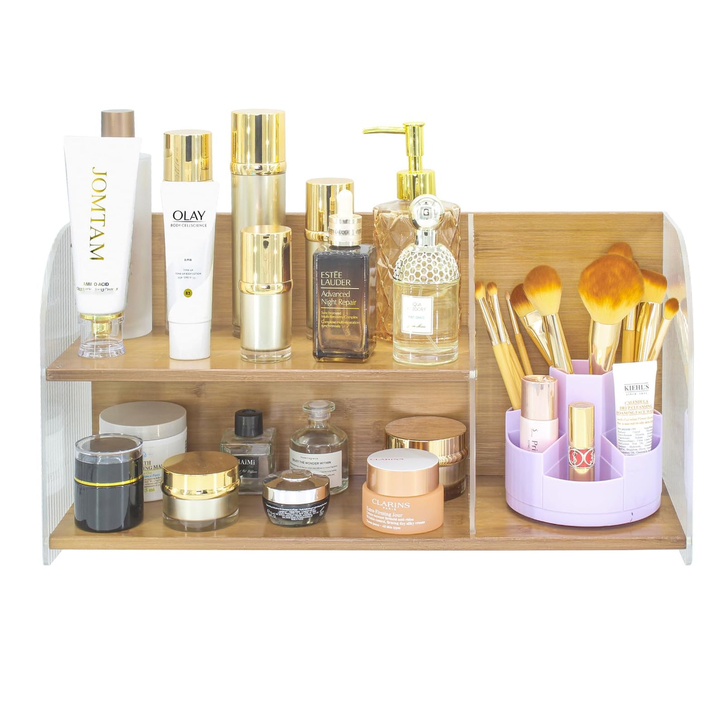 JONKASIPA 2-Tier Acrylic Makeup Organizer & Skincare Storage Cabinet Countertop Bamboo Desktop Organizer for Cosmetics, Skincare, and Essentials -Brown