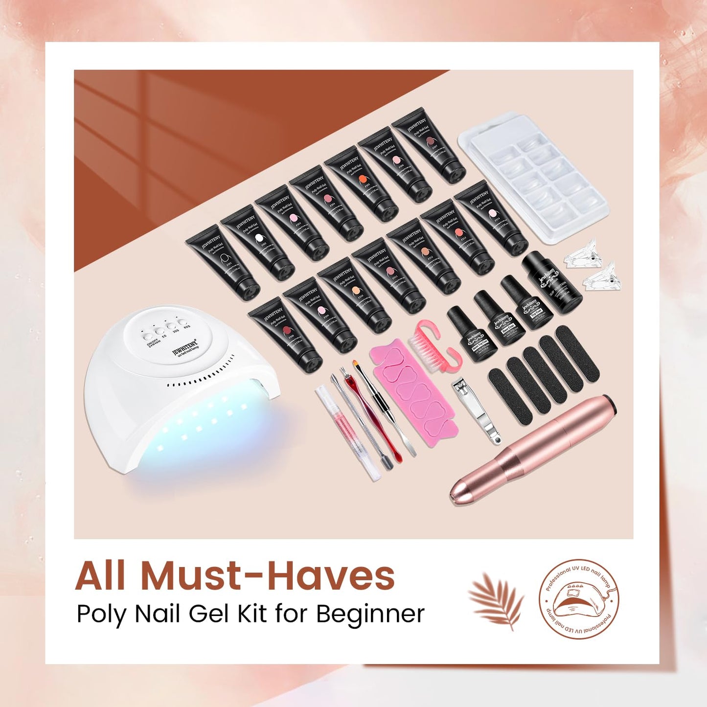 14-Piece Poly Gel Nail Extension Kit - Complete Set with Drill Machine & UV Light | Ideal Starter Kit