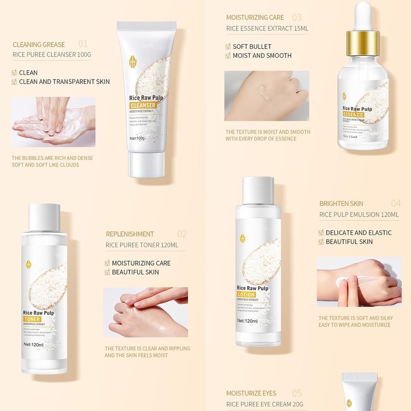 6PCS Rice Skin Care Sets, Moisturizing Face Skin Care Gift Set for Women Girls, Face Care Kit Inclusde Cleanser, Toner, Eyecream, Essence, Emultion, Face Cream (NEW-Rice)