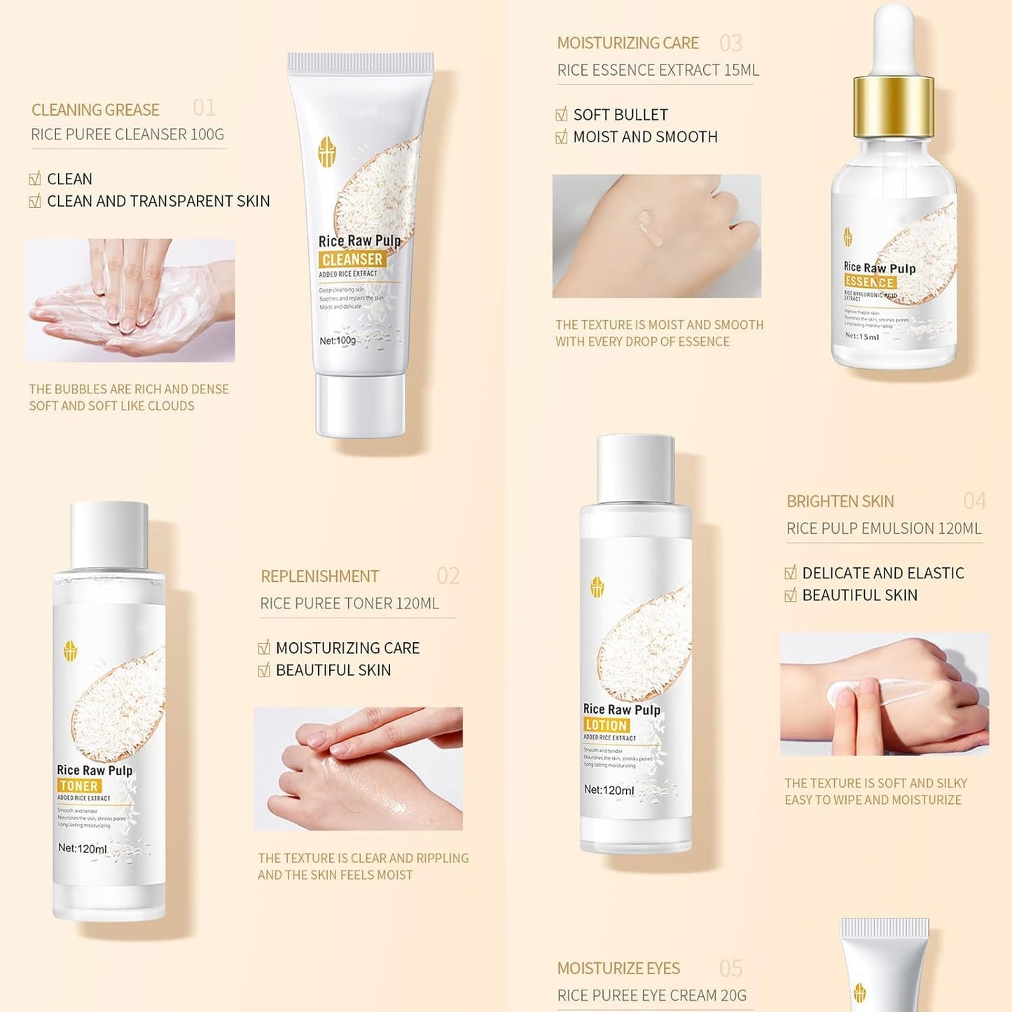 6PCS Rice Skin Care Sets, Moisturizing Face Skin Care Gift Set for Women Girls, Face Care Kit Inclusde Cleanser, Toner, Eyecream, Essence, Emultion, Face Cream (NEW-Rice)