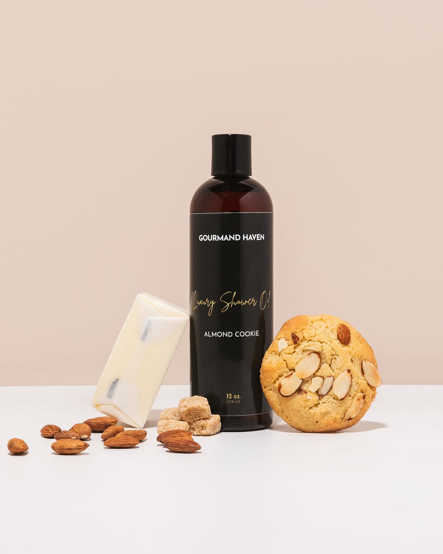 Gourmand Haven Shower Oil - Moisturizing Body Wash, Almond Cookie Scent - Hydrating Bath Gel for Women and Men - With Coconut, Jojoba and Argan - 12 Fl Oz