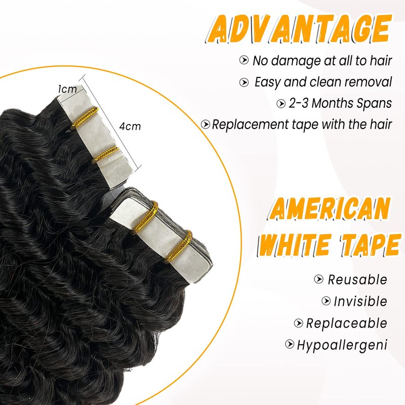Curly Tape ins 20 pcs Kinky Curly Tape in Hair Extensions Human Hair Natrual Black for Women 16 Inch 50G
