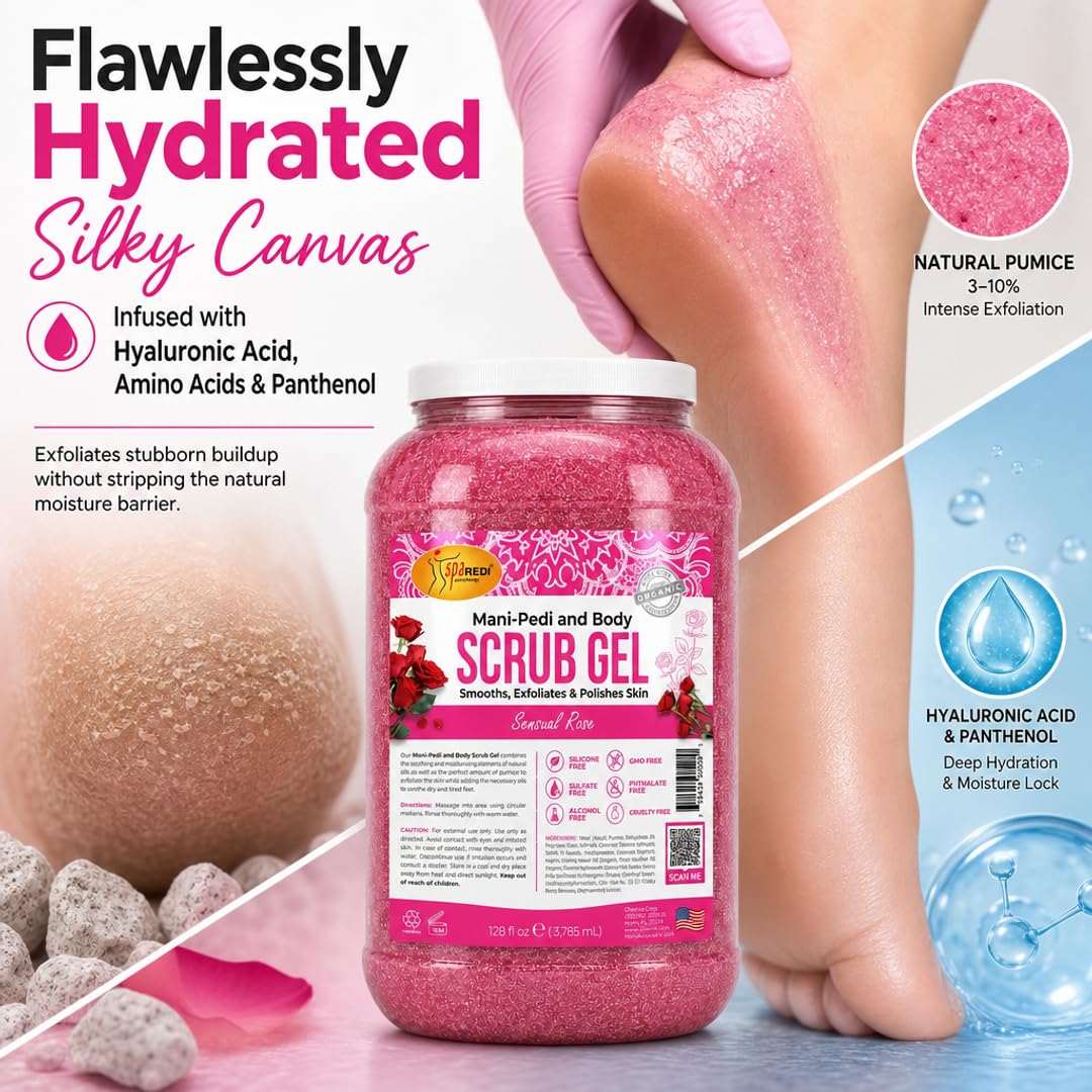 SPA REDI Professional Foot Scrub Gel – Dual-Action Pedicure Treatment | Dual-Action Skin Transformation for Softer, Nourished Feet & Elevated Client Satisfaction (128oz Gallon)