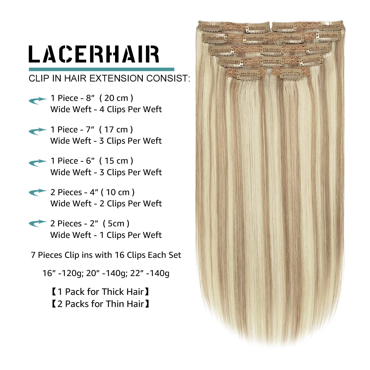 Lacer Clip in Hair Extensions Real Human Hair Thick Straight Hair Light Brown Highlights Platinum Blonde Remy Human Hair Clip in Extensions 120 Gram 7pcs 16 Inch