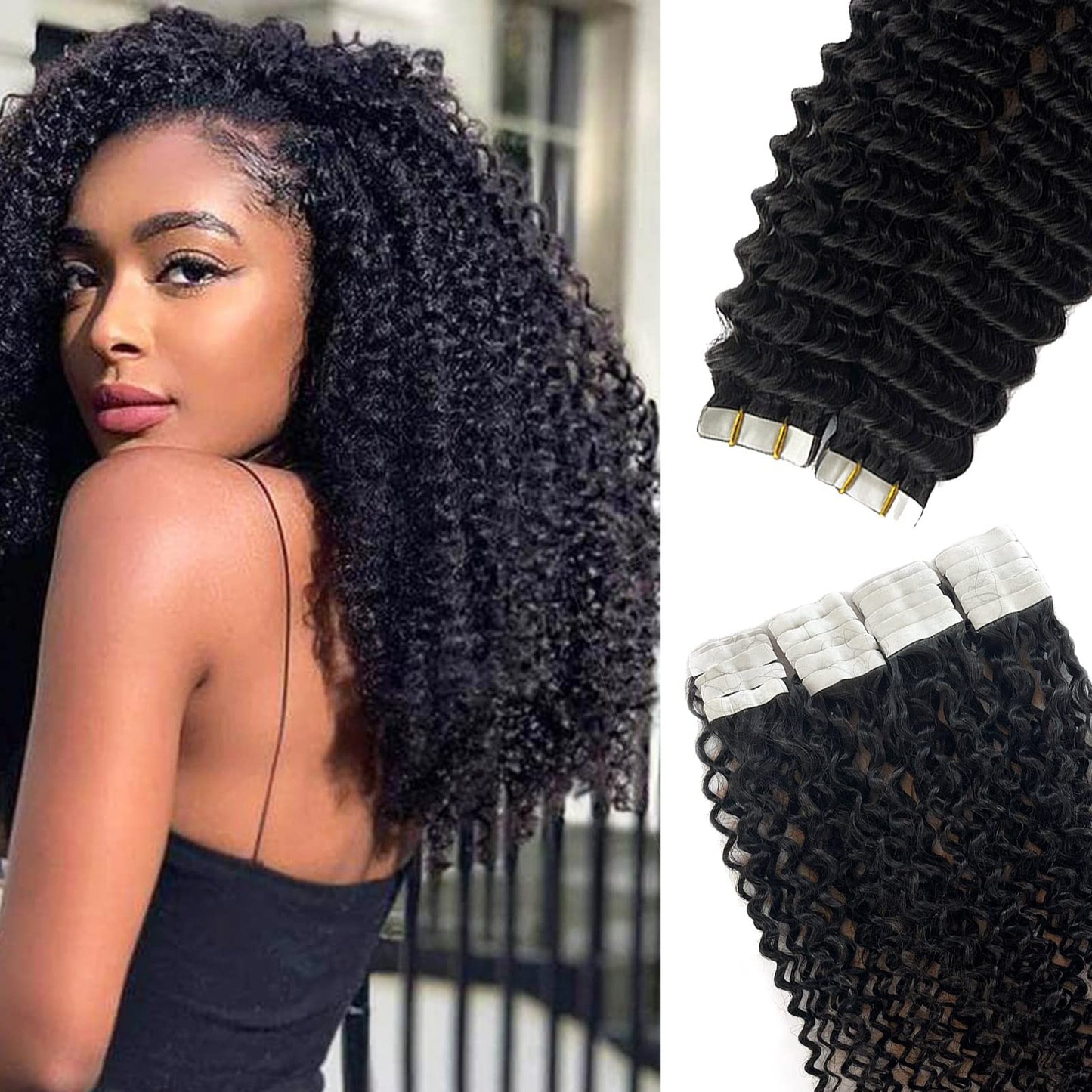 Curly Tape ins 20 pcs Kinky Curly Tape in Hair Extensions Human Hair Natrual Black for Women 18 Inch 50G