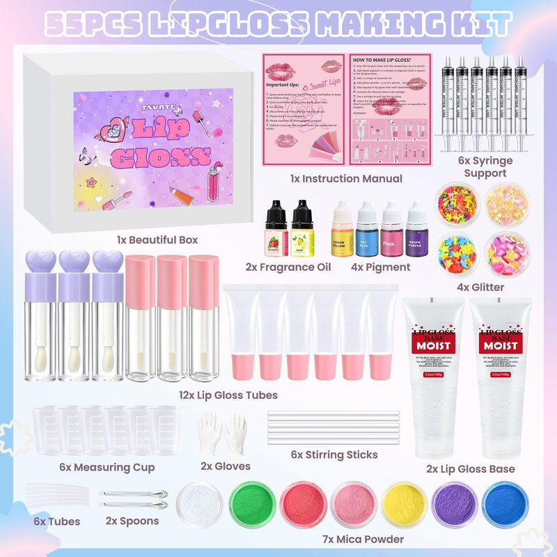 TSVATE Lip Gloss Making Kit- Make Your Own Lip Gloss Kit, 55PCS DIY Lip Gloss Making Supplies, Moisturizing Glitter Lipgloss Making Kits, Lipgloss Sets for Girls Tween Girls Trendy Stuff Women