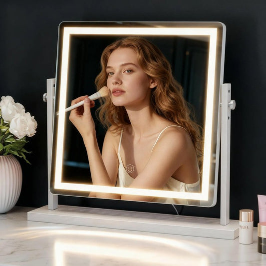KAI-ROAD Makeup Vanity Mirror with Lights - 15.7"x15.7" LED Lighted Make Up Mirrors Adjustable Height, Touch Screen with 3-Color Lighting, Dimmable, 360° Rotation, for Dorm Desk Tabletop, Bedroom