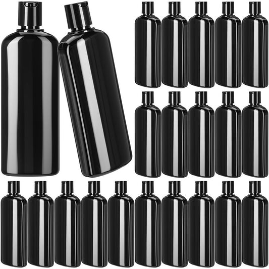 Domensi 24 Pcs Plastic Bottle Squeeze Containers with Disc Cap Travel Bottles Reusable Empty Toiletries Shampoo Containers Refillable Travel bottles for Shampoo Lotions (10oz,Pure Black)