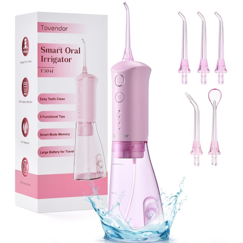 TOVENDOR Water Dental Flosser, Rechargeable Dental Oral Irrigator, 3 Modes, 5 Tips for Teeth Cleaning, Family Oral Health, Portable 300ML Large Water Tank Water Flosser, IPX7 Waterproof (Pink)