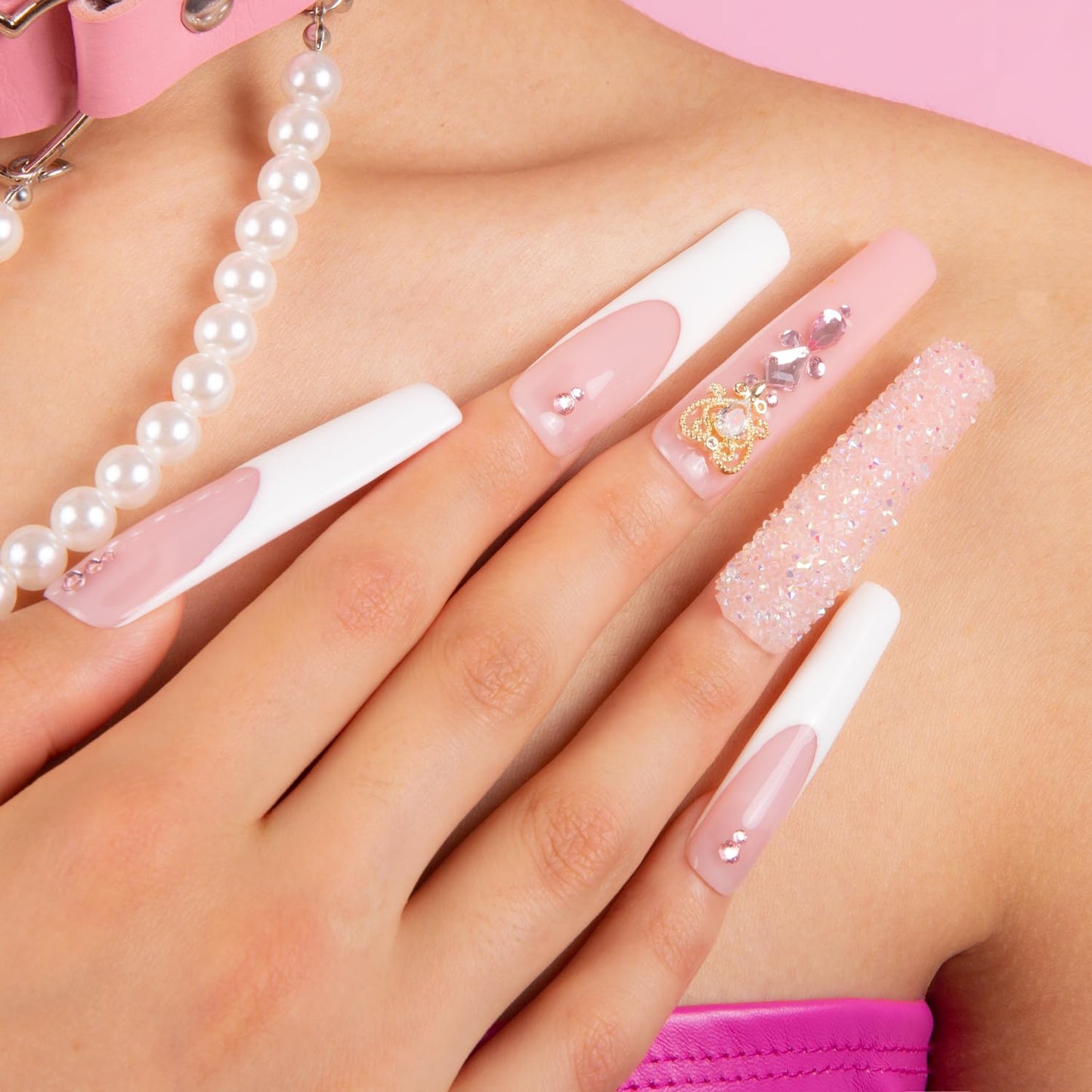 LOVFUL Press on Nails Sweet Elegance | Handmade with Full Covered Crystals | Reusable Fake Nails | Square Long 2.2 in | H34-M