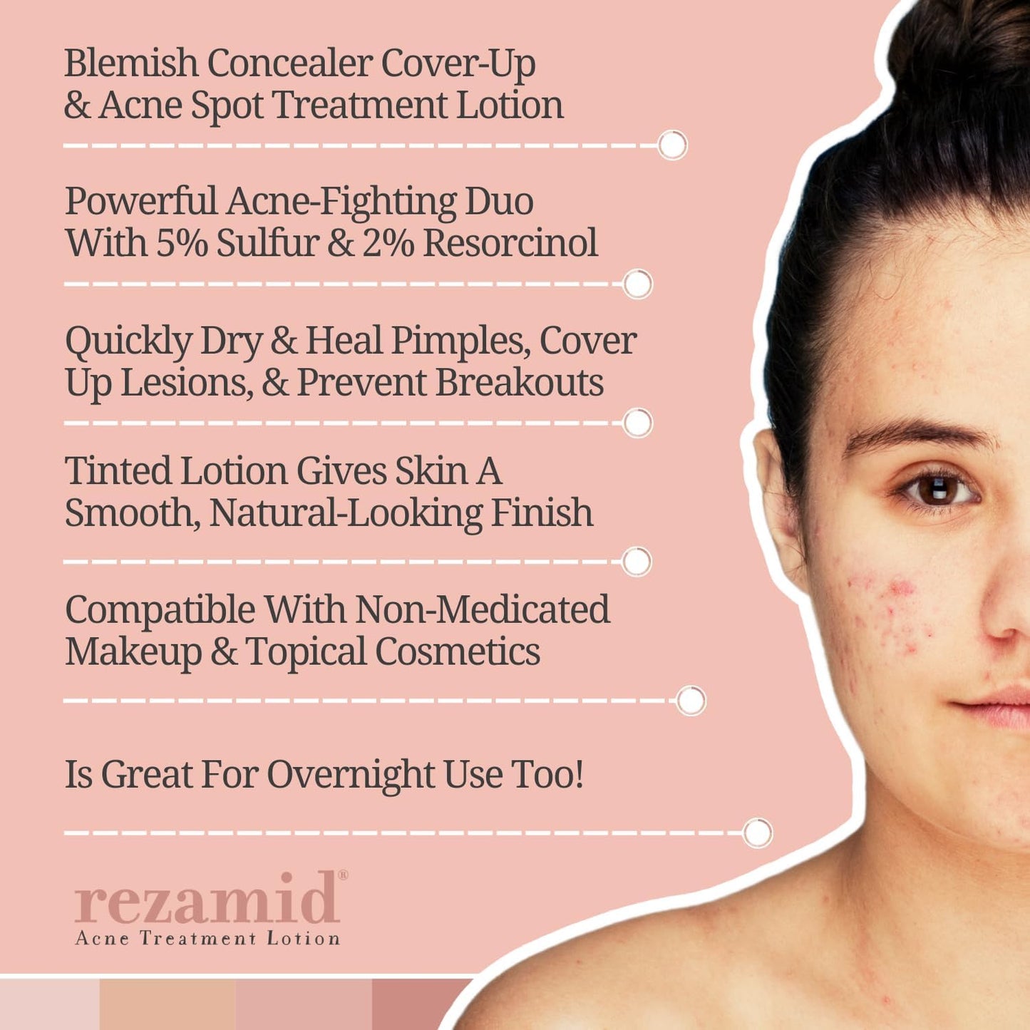 Rezamid Acne Spot Treatment Lotion For Pimples - Skin Clearing Blemish Concealer For Oily Skin With 5% Sulfur & 2% Resorcinol - Sensitive Skin Makeup - Skin Tone Matching Foundation - 2oz