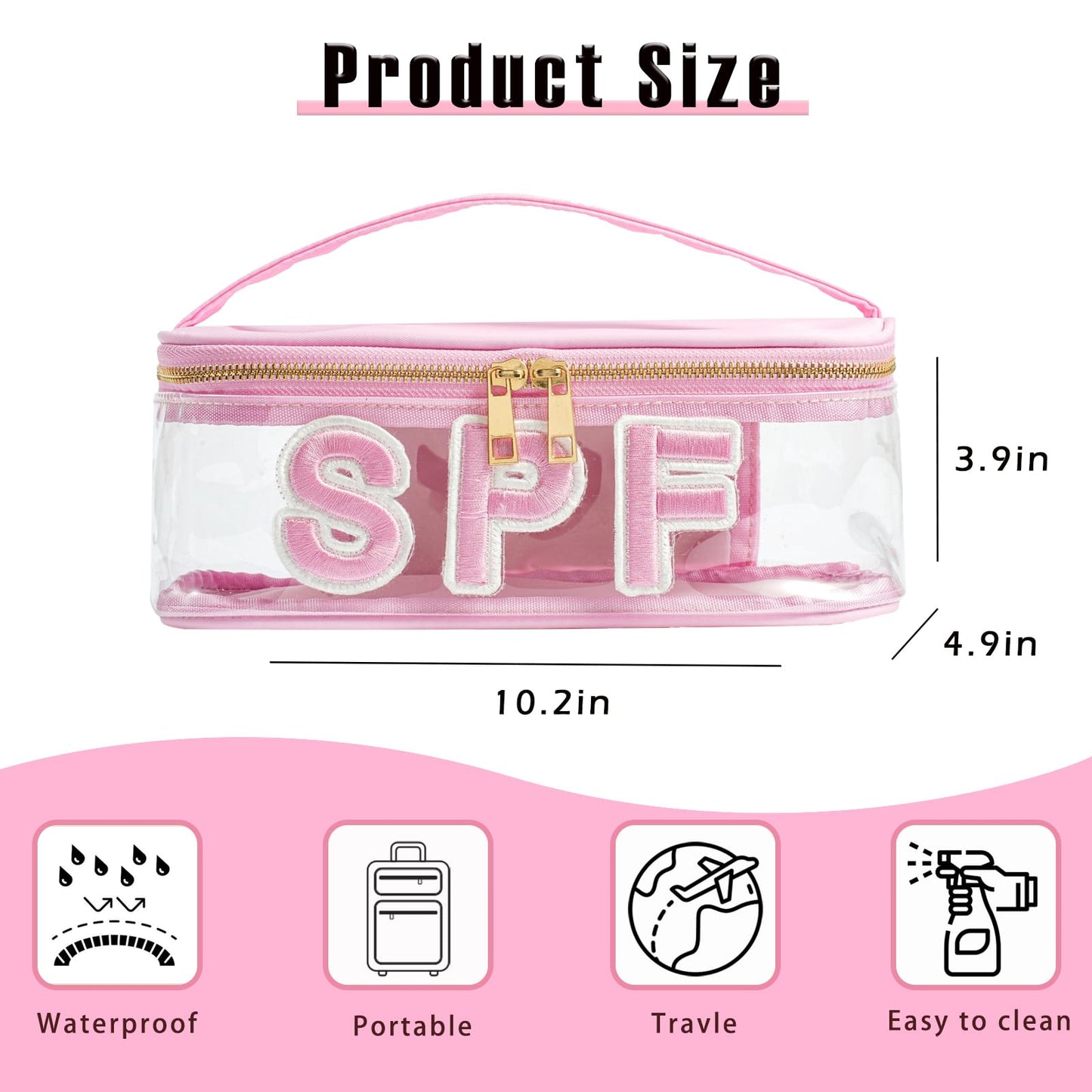 RSRSLEII Clear Waterproof Summer SPF Makeup Bag，Aesthetic Transparent Letter Patch Cosmetic Bag with Metal Zipper, Preppy Sunscreen Accessories Storage Organization, Beach Travel Purse(01SPF Pink)