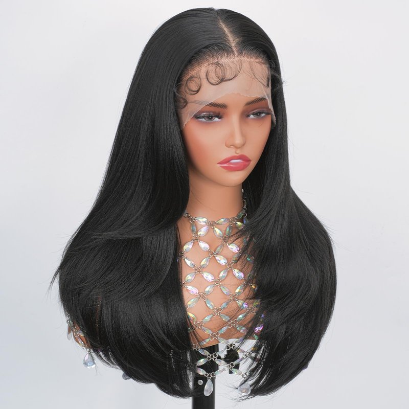 Looxey Lace Front Wigs for Black Women 13X6 Long Layered Straight Wig with Baby Hair Synthetic Hair Soft As Human Hair 24 Inch 1B Black Pre Plucked Bleached Knots Glueless Wig (Black)