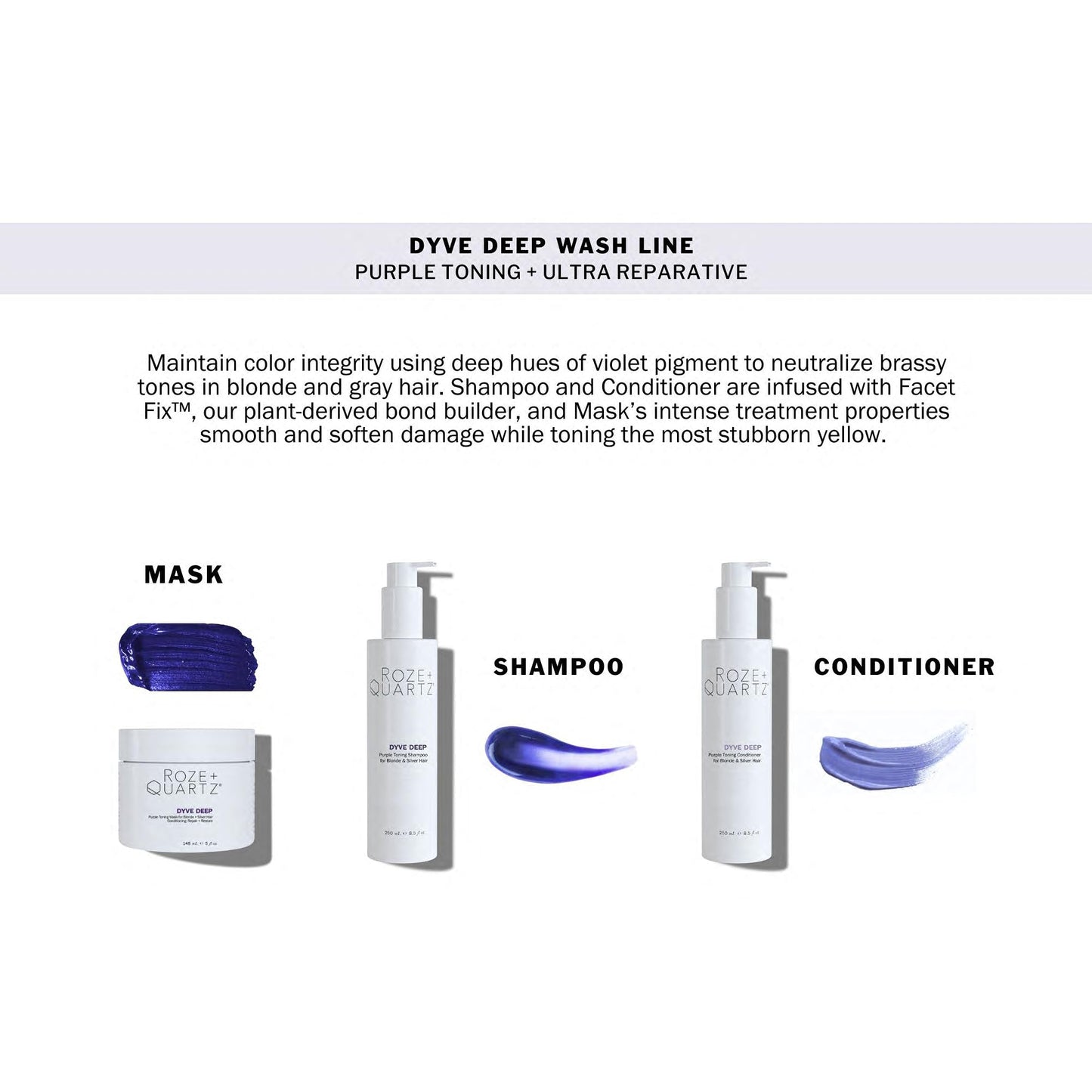 Roze + Quartz® Dyve Deep Shampoo • Ultra Purple Toning Wash for Blonde, Silver + Highlighted Hair (8.5 oz)