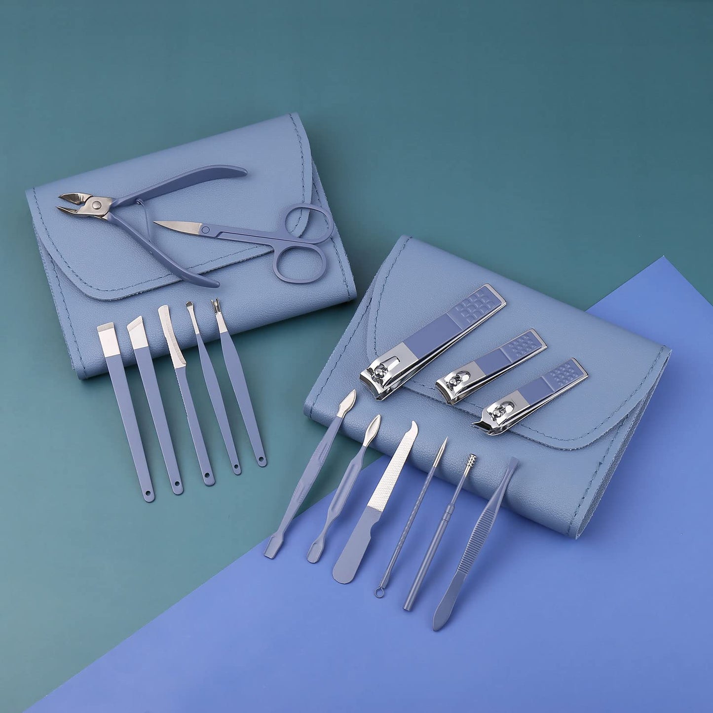 Manicure Set, Nail Clippers, Pedicure Kit, 16 in 1 Professional Grooming Kit Stainless Steel, Nail Toenail Scissors Tools with Luxurious Leather Travel Case for Men Women Blue Upgraded Version