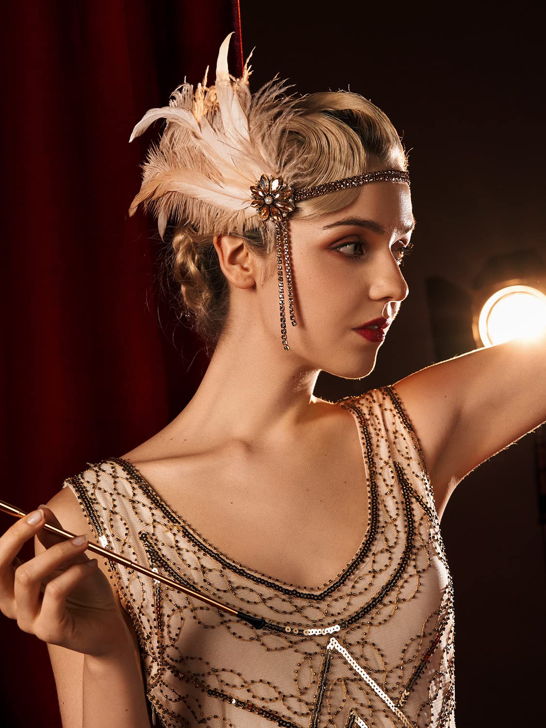 1920s Flapper Headpiece - Rhinestone Pearl Feather Hair Band | Great Gatsby Accessory for Women, Champagne