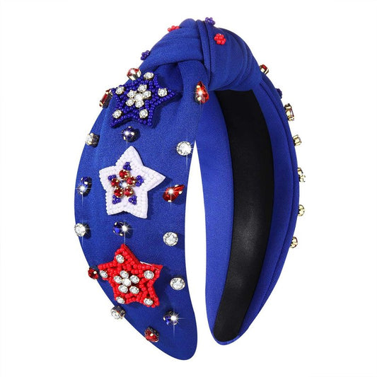 mokkia American Flag Rhinestone Knotted Headbands - Patriotic Accessories for Women, Red White and Blue Top Knot Party Favors (American Star 7)