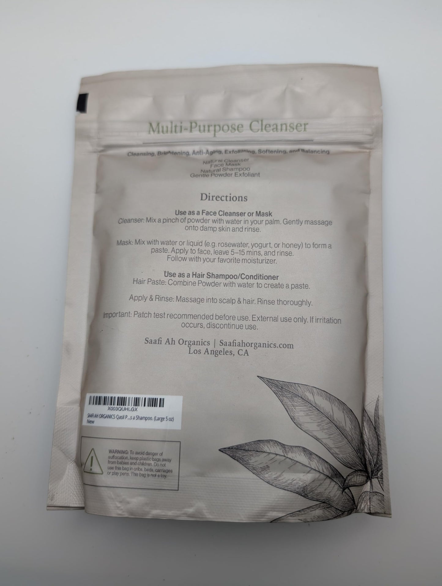 SAAFI AH ORGANICS Qasil Powder Natural Leaf Powder, exfoliates, detoxifies, Helps with clogged pores and Blemishes. soap,Used as a Shampoo. (Large 5 oz)