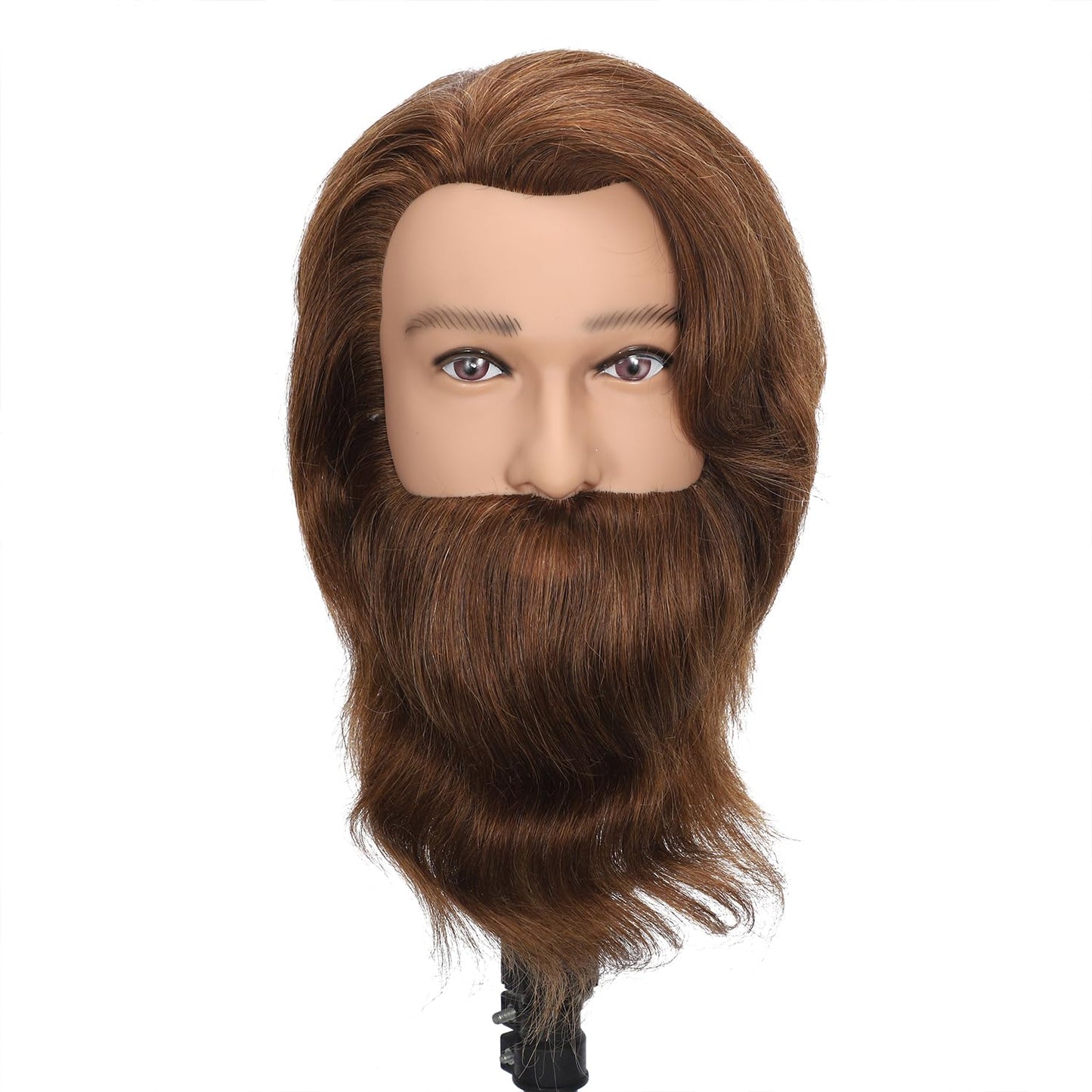 TKIMHEQ 14" Male Mannequin Head with Beard 100% Human Hair Haircut Manikin Head for Cosmetology Straight Thick Hair Doll Head with Human Hair with Stand Practice Cutting Styling (Brown#)