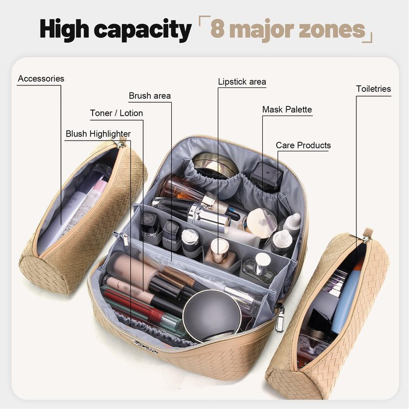 BOYATU Travel Makeup Bag Cosmetic Bags for Women: Large Capacity 3 Pcs Set Make up Bag with Compartments - Waterproof Vegan Leather Toiletry Organizer Bags with Handle (L12 Apricot)