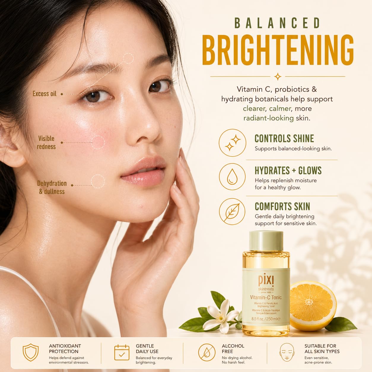 Pixi Vitamin-C Toner Tonic | Fade Dark Spots & Brighten Skin | Vitamin C & Ferulic Acid, with Probiotics | Boost Skin Luminosity, Brighten Dull Skin, Alcohol Free Daily Toner (250ml / 8,5 fl oz)