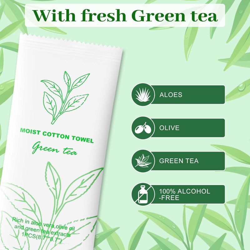 Moist Cotton Towel Bulk Moist Towelettes Individually Wrapped,White Towel Services,Refreshment Pre Moistened Towels for Dentist Travel Sport Party Hotel 100，Green tea